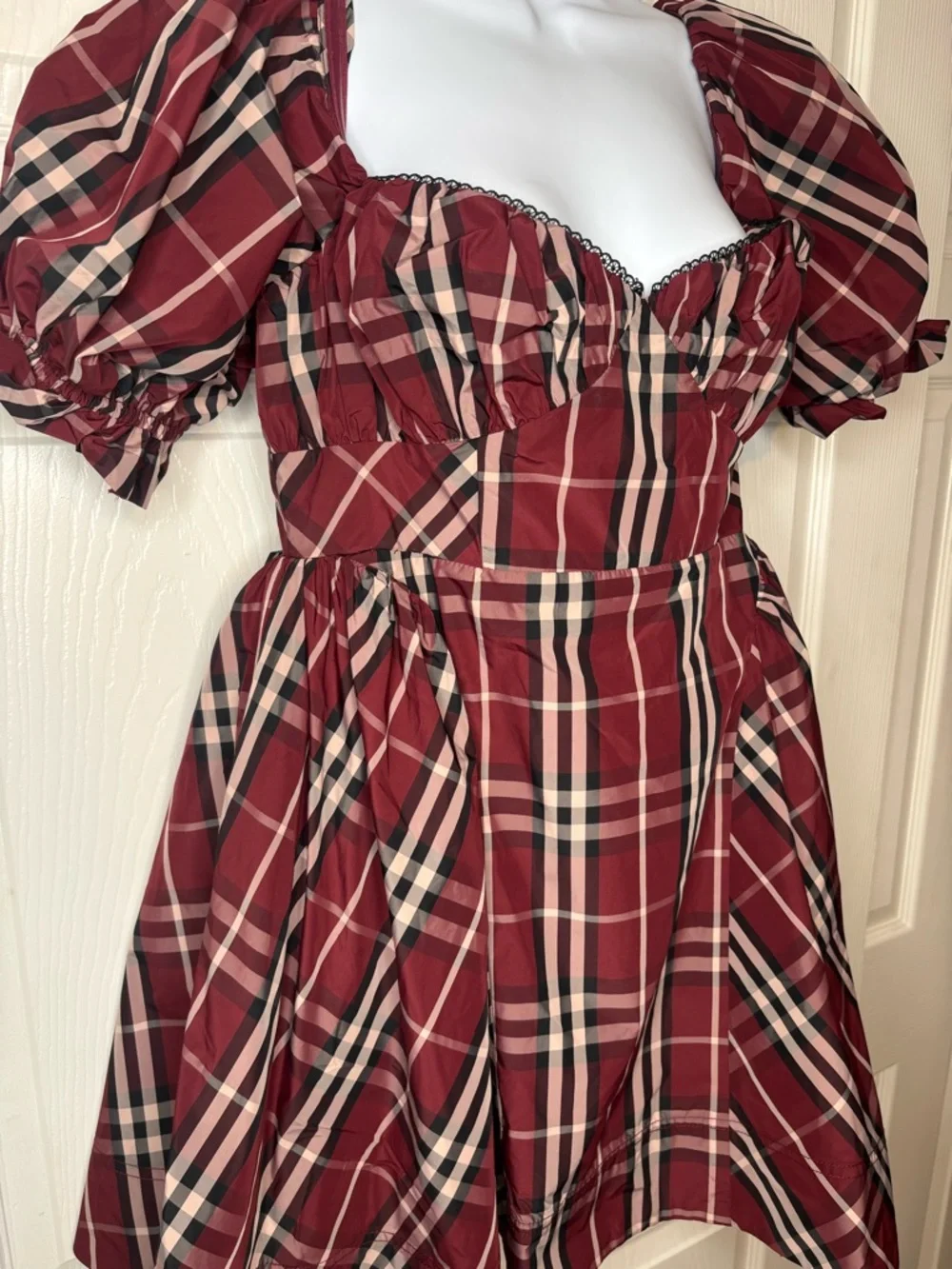 Anthropologie Mauve Burgandy tartan plaid puff sleeve mini dress  sz  Med NWT - Picture 5 of 10